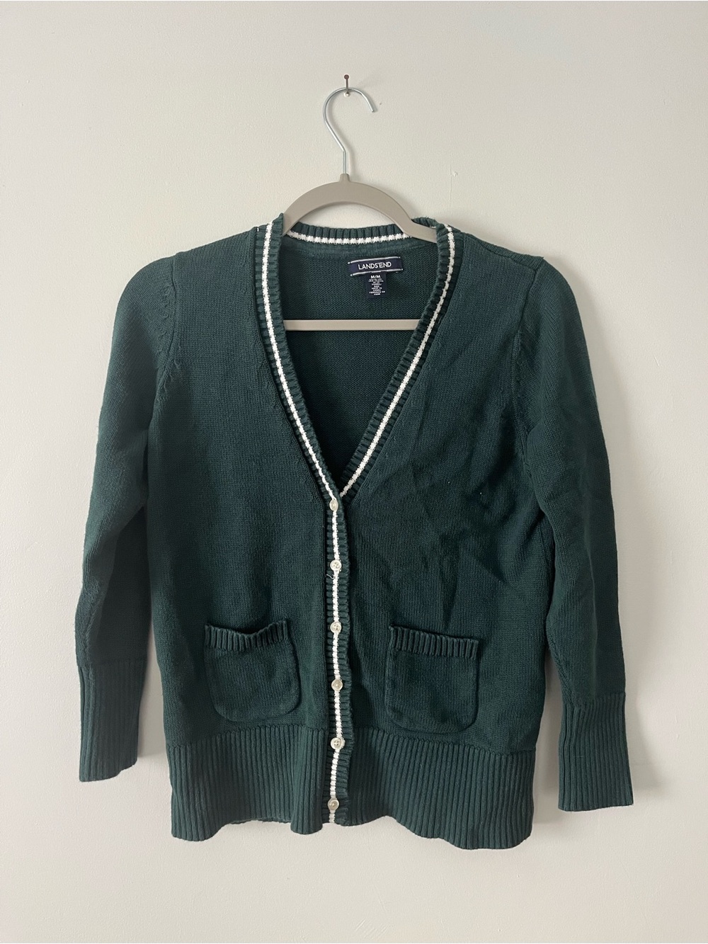 Lands' End Girls Dark Green V-Neck Cardigan Sweater